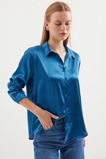 JANES 3964 Lightweight Draped Satin Shirt - Petrol