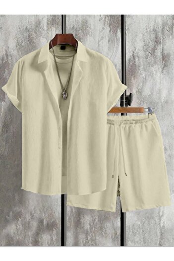 Altamira Men's Beige Short Sleeve Shirt Shorts Wrap Suit