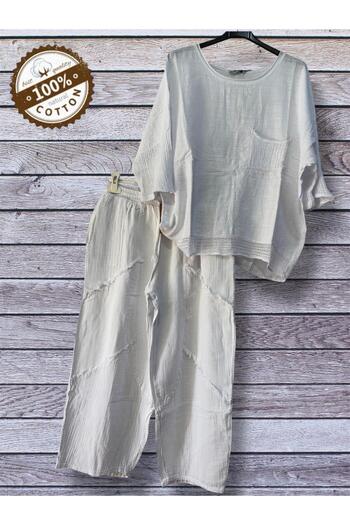 AGORATEKSTİL Women's Pockets Mesh Tasseled Linen Combination
