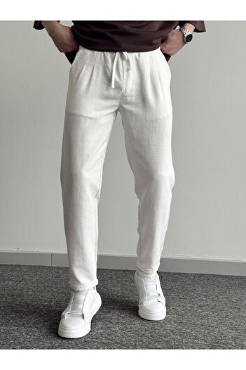 He Brand Men's White Boyfriend Double Leg Linen Trousers