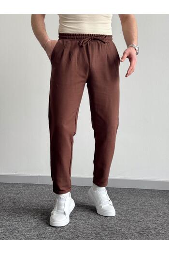 He Brand Men's Brown Boyfriend Double Leg Linen Trousers