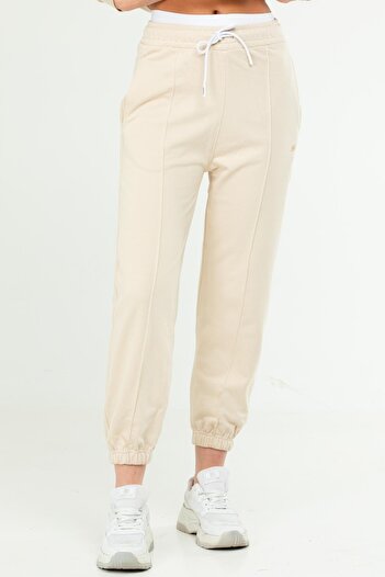 speedlife Beige Oversize Basic Cotton High Waist Rubber Leg Women's Tracksuit Bottom Sd1000