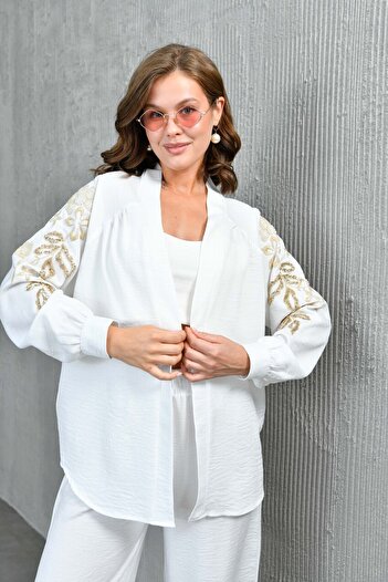 Miss Allos Linen Kimono Jacket and Trousers Set - Sequin Embroidered on the Back and Sleeves