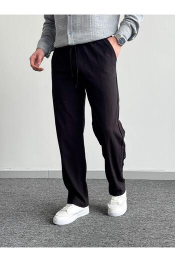 He Brand Men's Black Elastic Waist Linen Baggy Pants Comfortable Fit Baggy