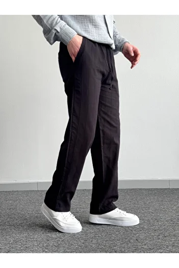 He Brand Men's Black Elastic Waist Linen Baggy Pants Comfortable Fit Baggy