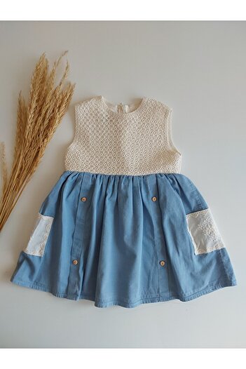 damdamin 100% Cotton Baby Girl Knitted Guipure Robe Denim Dress with Side Pockets and Back Zipper