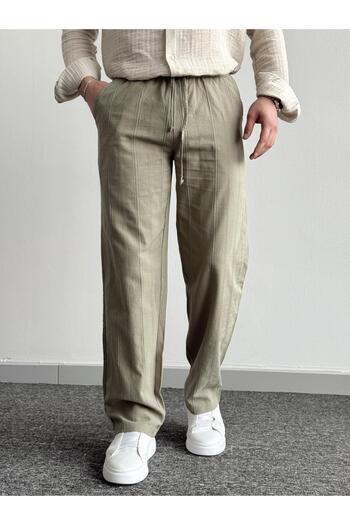 He Brand Men's Khaki Green Elastic Waist Linen Baggy Pants Comfortable Fit Baggy