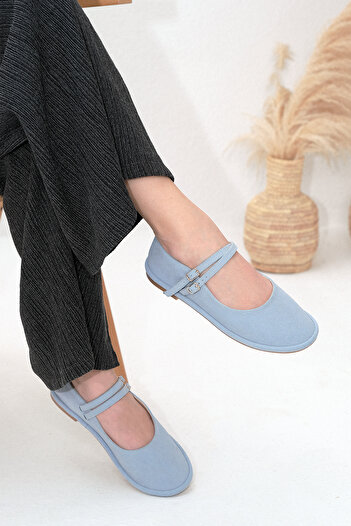 Marjin Women's Blue Suede Ballerinas - Double Straps and Buckles