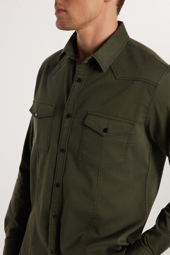 Tudors Slim Fit Long Sleeve Casual Denim Jeans Unisex Khaki Shirt