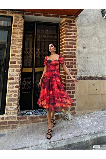 Modafeminen Patterned Tulle Dress 583020 Red