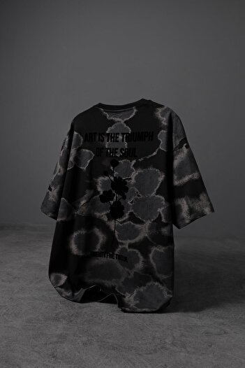 Slatra Men's Black Cloud Effect Flock Print Oversize Tshirt