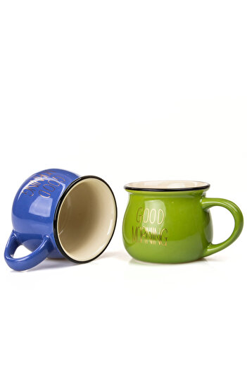 MUKKO HOME Set of 2 Enamel Look Colored Porcelain Mugs Good Morning Gold Written 250 ml