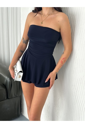 Diviny Women's Navy Blue Strapless Skirt with Shorts Ruffled Summer Dress