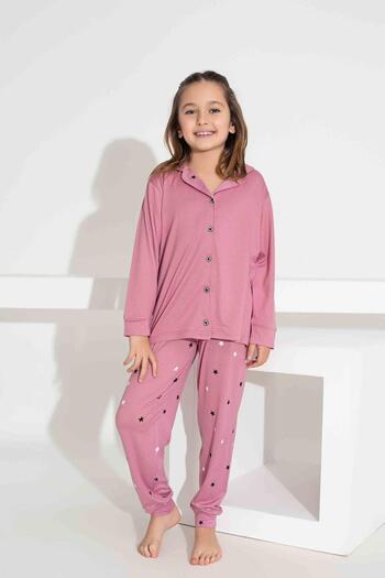 Tarık Girl's Collar Heart Patterned Buttoned Long Sleeve Pijama Set
