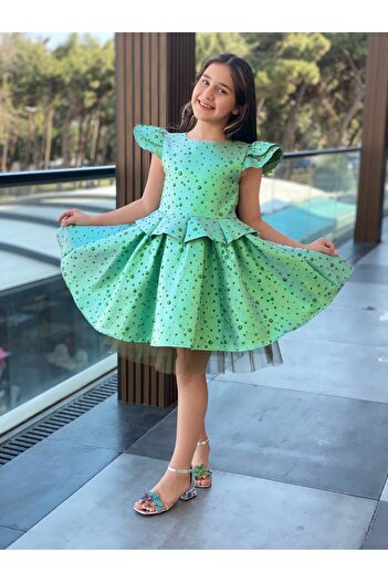 HÇ Hülya Çelik KİDSWEAR 2018 Kız Çocuk Bayramlık Doğum Günü Mezuniyet Abiye Yeşil Elbise