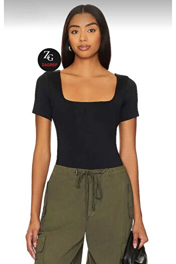 Zagrep Women's Black Square Neck Short Sleeve Silk Jersey Body