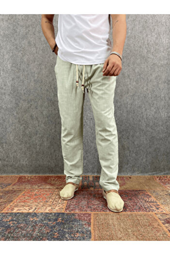 FıttingRoom Cotton Linen Mint Trousers with Elastic Waist