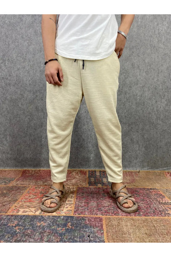 FıttingRoom Cotton Linen Cream Baggy Trousers with Elastic Waist