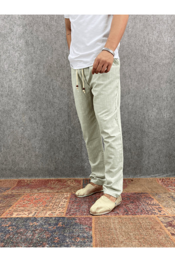 FıttingRoom Cotton Linen Mint Trousers with Elastic Waist