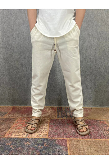 FıttingRoom Elastic Waist Double Leg Cotton Linen Cream Trousers