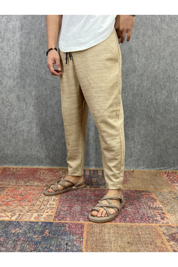 FıttingRoom Cotton Linen Beige Baggy Trousers with Elastic Waist