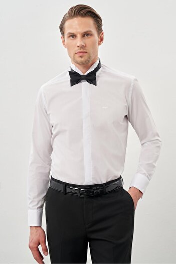 İmza Біла довга рукава пряма тканина комір без кишень бавовняна Basic Slim Fit сорочка 1004245060