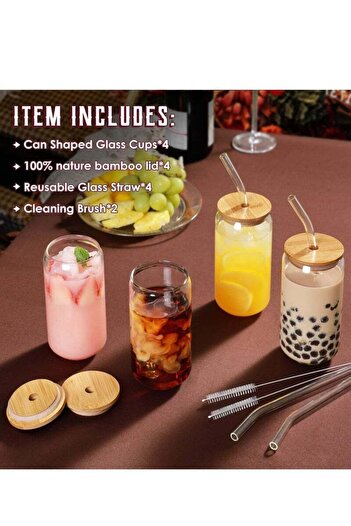 COOYA Set of 4 Drinking Glasses with Bamboo Lids and Glass Straws, 16 Oz, For the Kitchen