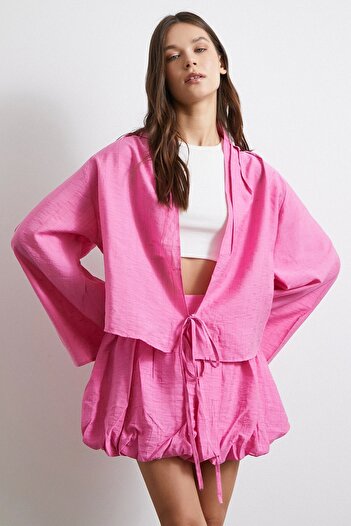 Never more Wide Sleeve Front Tie Blouse Pink