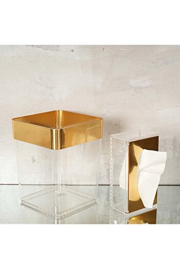 ABAREEK Set of acrylic wastebasket, tissue box and gold decor for a stylish and modern home