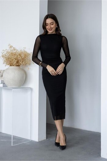 stiledavet online store Women's Long Sleeve Tulle Draped Midi Dress