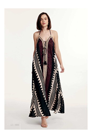 LaraLisa Collection Γυναικείο καλοκαιρινό φόρεμα με λουράκια στην πλάτη, μοτίβο κιλίμ και δέσιμο μπροστά