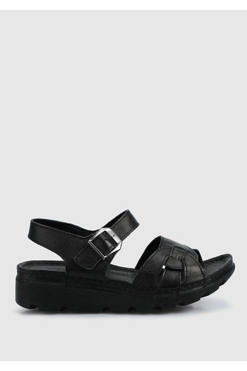 Eclipse Black Leather Women's Flat Sandals