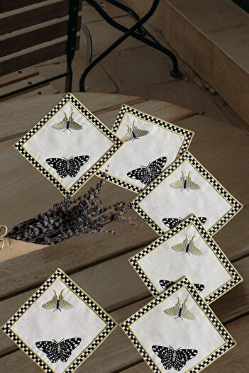 e-Bizz Store 6 Pieces Butterfly Patterned Linen Fabric with Embroidery on Coffee Side Cocktail Napkin & Coaster