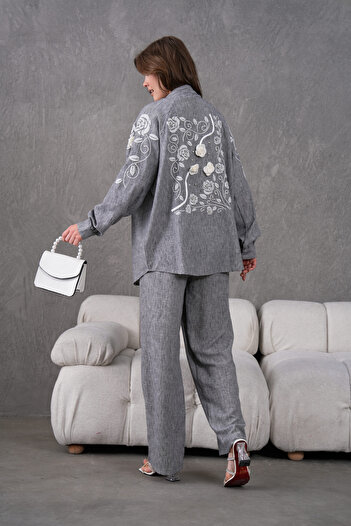 Miss Allos Women's Linen Kimono Jacket and Pants Bottom Top Suit with Embroidered Rose Flower Accessories on the Back and Sleeves