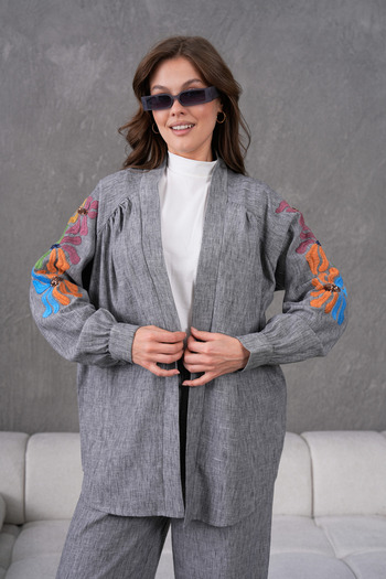 Miss Allos Women's Back and Sleeves Sequin Sequin Embroidered Linen Kimono Coat and Pants Bottom Top Suit