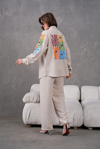 Miss Allos Women's Back and Sleeves Sequin Sequin Embroidered Linen Kimono Coat and Pants Bottom Top Suit