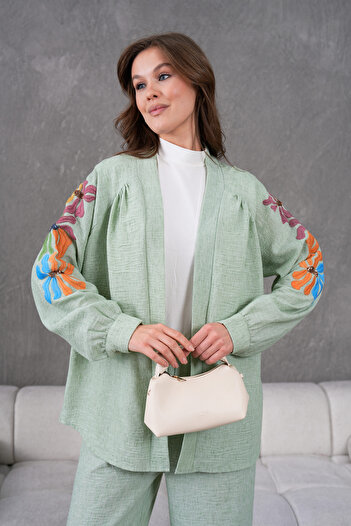 Miss Allos Women's Back and Sleeves Sequin Sequin Embroidered Linen Kimono Coat and Pants Bottom Top Suit