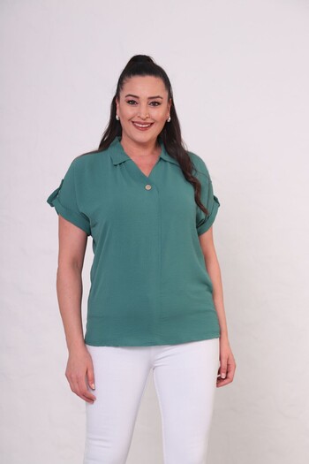 tarzımsüper Women's Plus Size Polo Neck Sleeve Part Buttoned Shirt Blouse