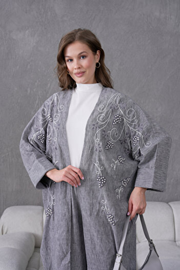 Miss Allos Kadın Önü Nakışlı İnci Detaylı Keten Kimono Ve Pantolon Alt Üst Takım