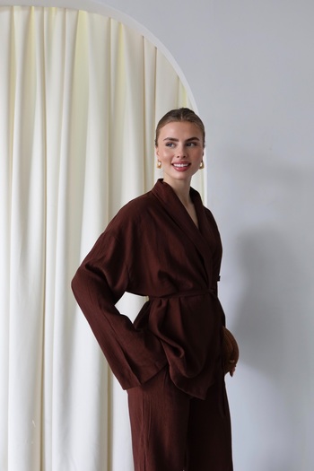 Laluvia Hořký hnědý šálový límec kimono set - 912058