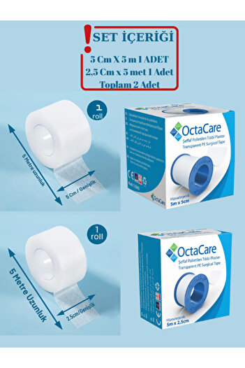 Octacare Şeffaf Polietilen Tıbbi Flaster - 5m x 5 cm 2,5 cm x 5 mtr 2 li set