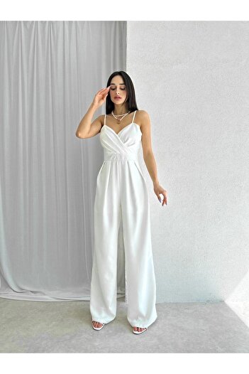 MİSSCİXFASHİON Rochie salopetă damă crepon satin curea din țesătură guler dublu picior lat alb Misscix