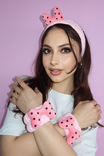 TAKIŞTIR Pink Color Ribbon Figured Plush Hair Band / Latch Buckle / Towel Bracelet Set