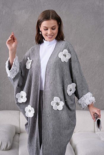 Miss Allos Women's Front Floral Embroidered Stone Detailed Linen Kimono and Pants Bottom Top Set