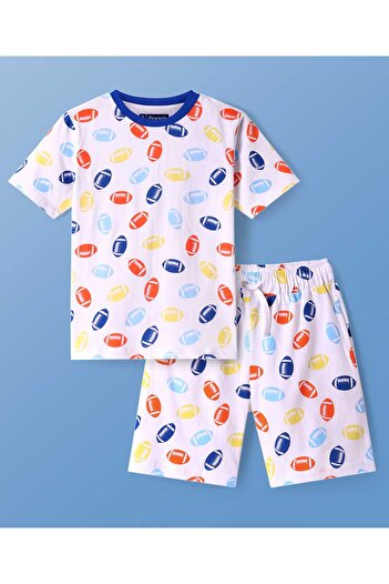 Pine kids Pine Kids Single Jersey Knit Half Sleeves Shorts Night Suit With Rugby Print - White