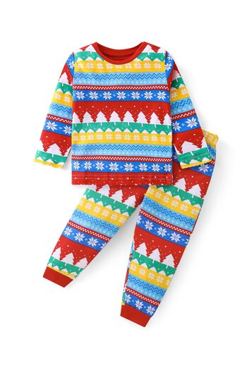 Babyhug Babyhug Cotton Knit Full Sleeves Night Suit with Christmas Theme Print - White