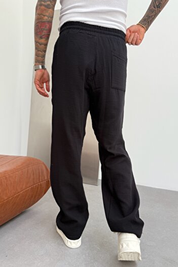 MADZEYMODA Erkek Baggy Bol Kalıp Beli Lastikli Müslin Kumaş Siyah Jogger Pantolon KE-7009