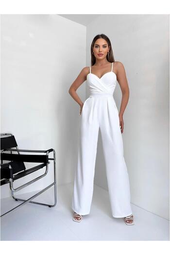 MİSSCİXFASHİON Rochie salopetă damă crepon satin curea din țesătură guler dublu picior lat alb Misscix