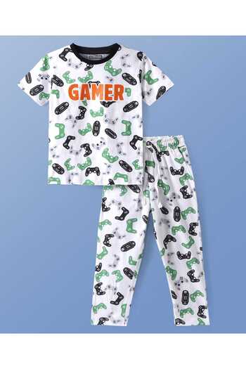 Pine kids Pine Kids Single Jersey Knit Half Sleeves Night Suit With Gamer Text Print - White