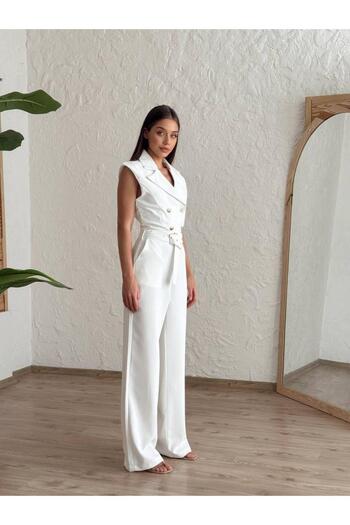 Misscix Women's Evening Dresses Button Detail with Belt Sleeveless Long Evening Jumpsuit - Evening Dress and Graduation Dress
